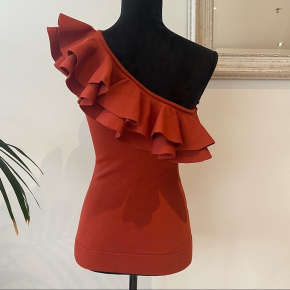 RODEO SHOW Ruffle Trim One Shoulder Viscose Rust Knit Top Blouse Stretch Size M - Picture 7 of 11